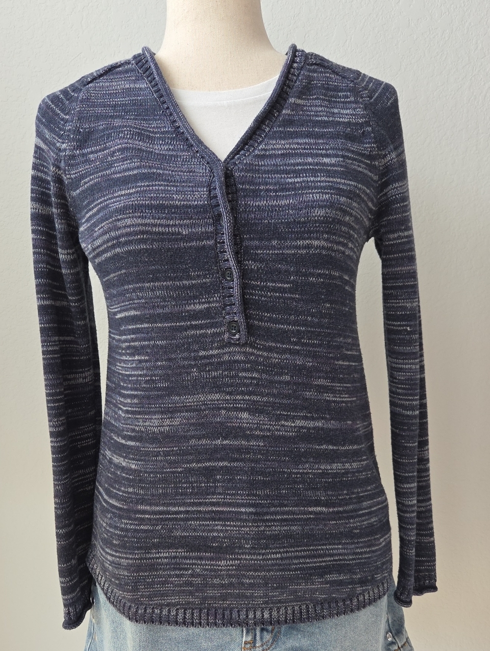 Eddie Bauer Navy Space-Dye Henley Knit Sweater Outdoor Granola Crunchy Blue